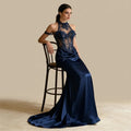 Lumika-Robe de soirée satinée dos nu à col montant en dentelle