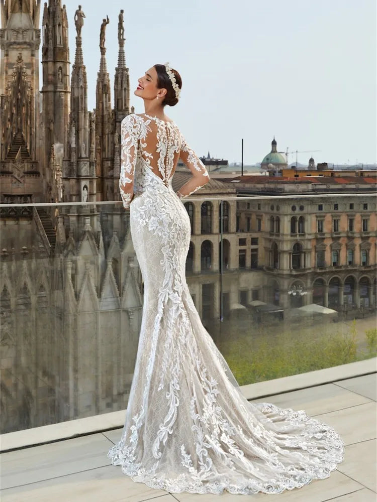 Clarita-Robe de mariée sirène avec traîne amovible et dentelle royale