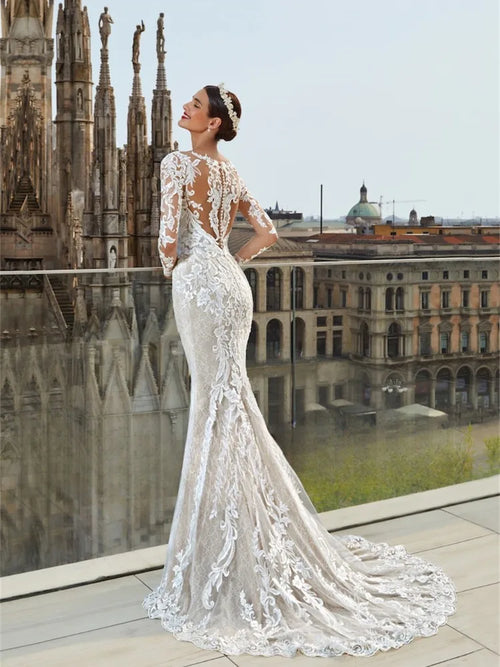 Ambre-Robe de mariée sirène avec traîne amovible et dentelle royale