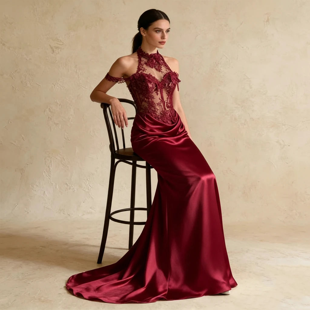 Lumika-Robe de soirée satinée dos nu à col montant en dentelle