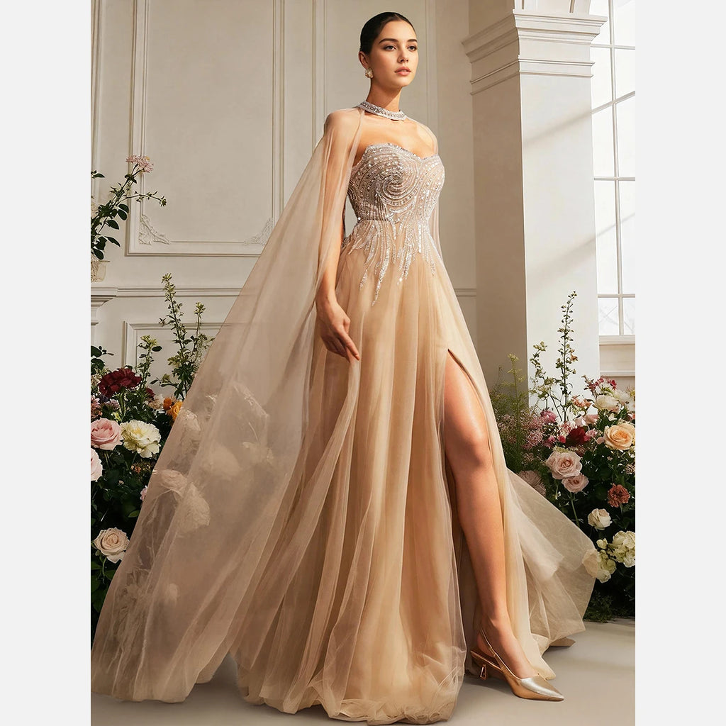 Lou-Robe Princesse Prestige Champagne à Cape de Tulle Perlée