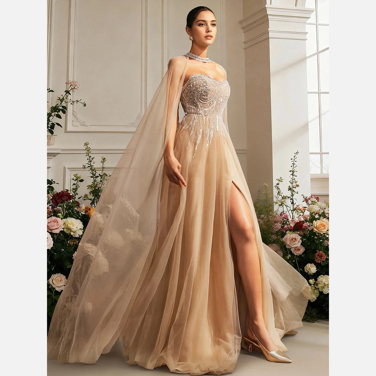 Lou-Robe Princesse Prestige Champagne à Cape de Tulle Perlée