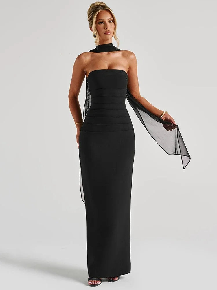 virginie-Robe Longue Élégance Écharpe Intégrée
