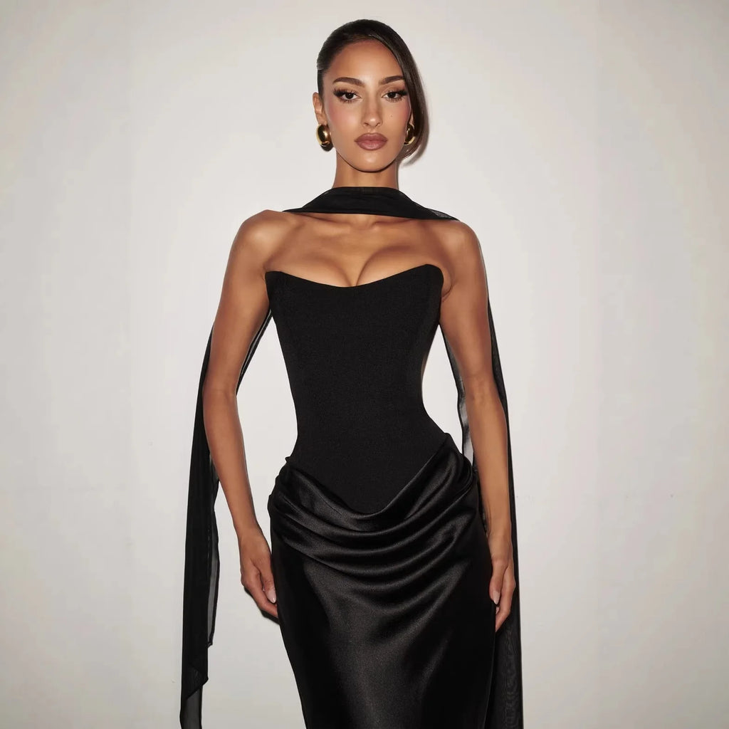 Alix-Robe Sirène Corset Col Carré Satin Élégance