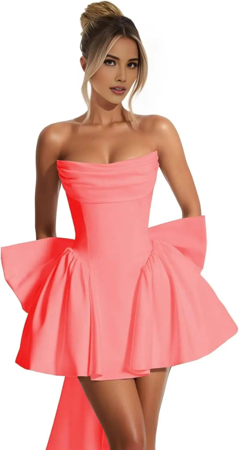 Ganse-Robe Courte Bustier Satin à Nœuds Couture