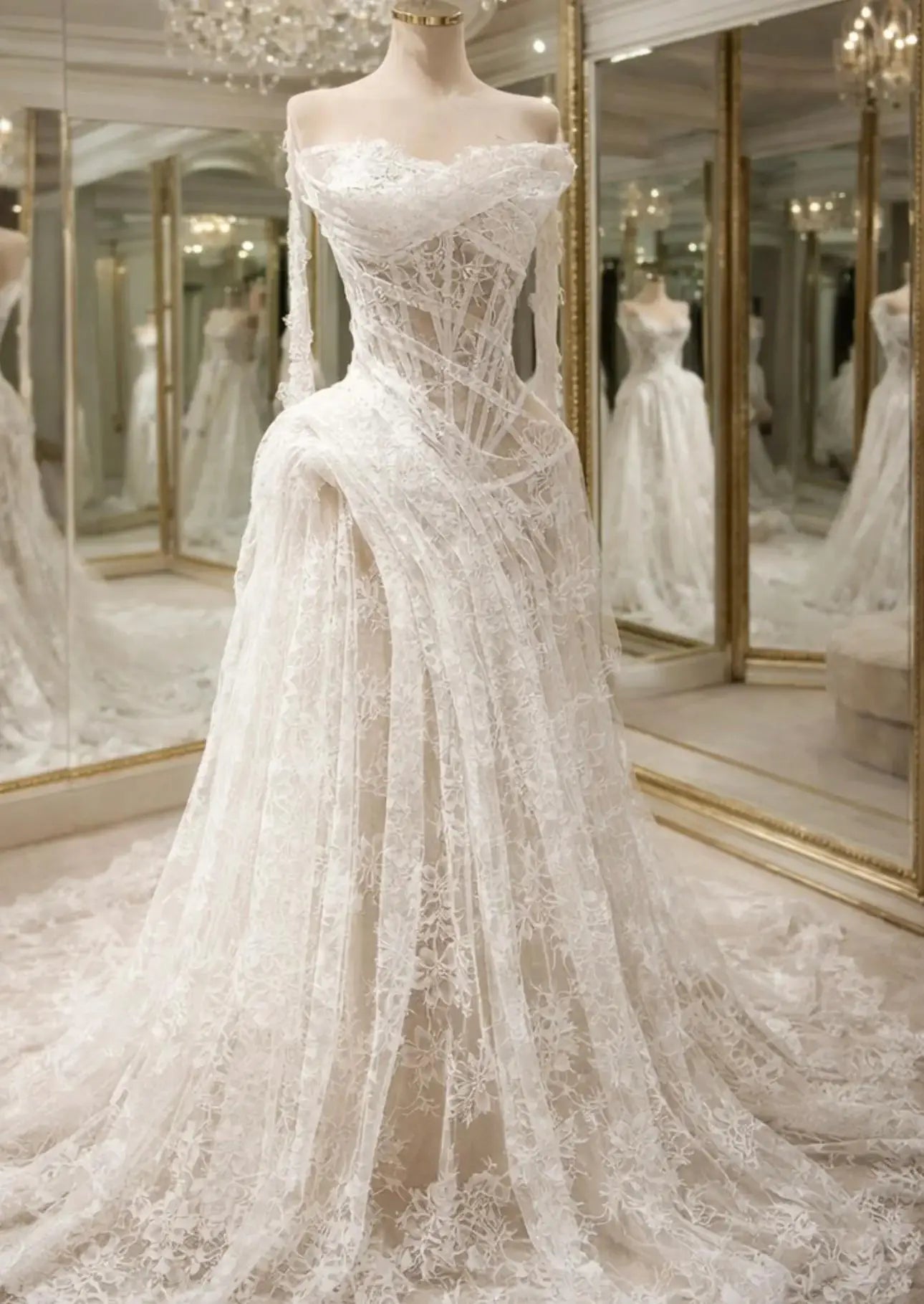 Élina - Robe de Mariée Princesse en Dentelle et Corset Épaules Dénudées