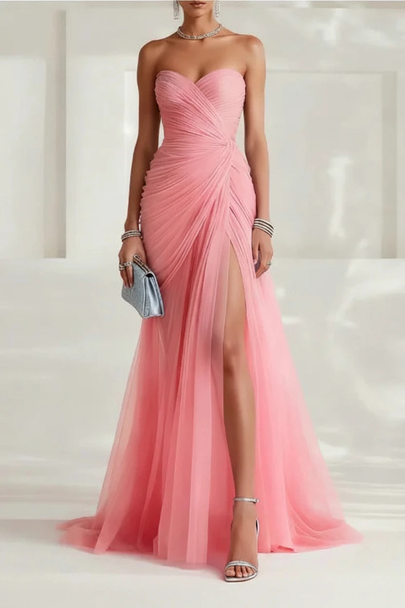 Robe de soirée fendue en tulle à décolleté cœur