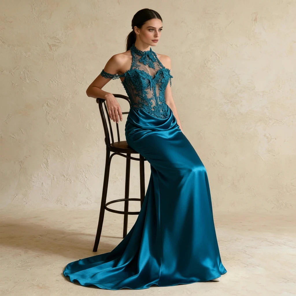 Lumika-Robe de soirée satinée dos nu à col montant en dentelle