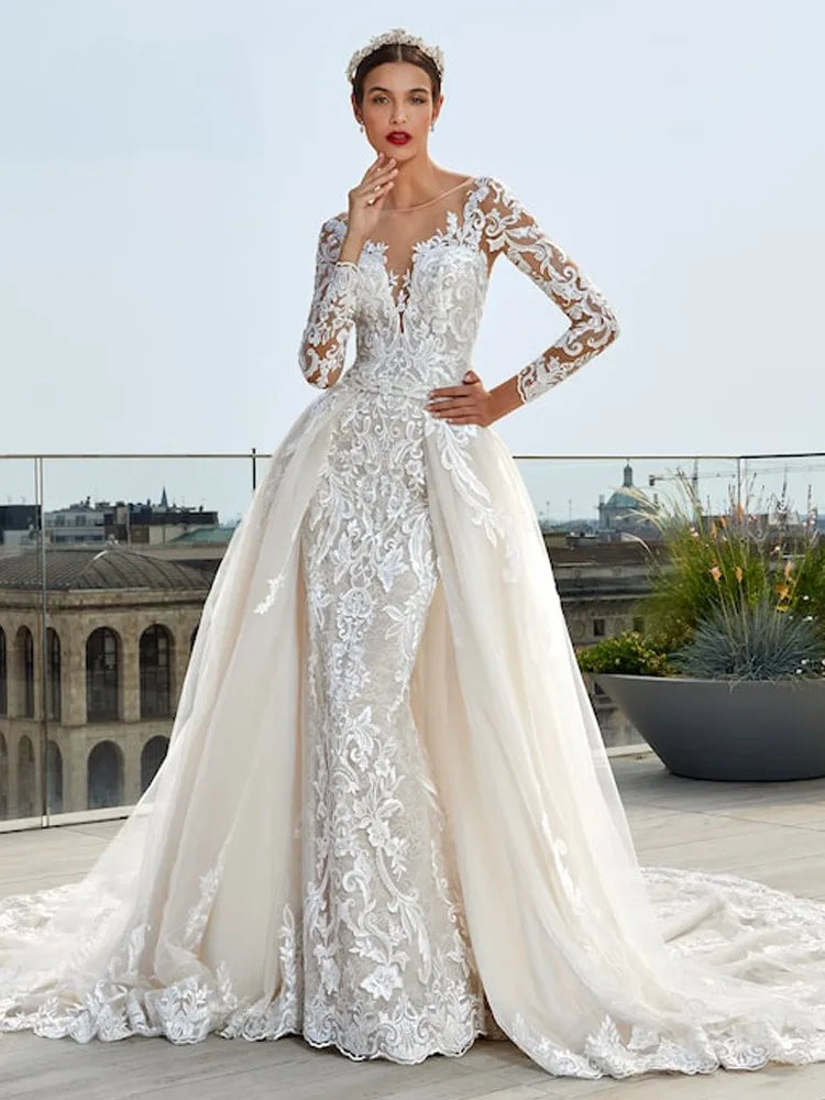 Clarita-Robe de mariée sirène avec traîne amovible et dentelle royale